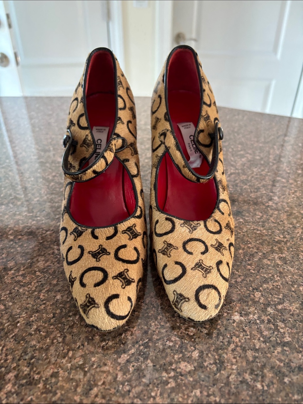 Celine Paris Ladies Tan Logo-Print Pony hair Red Interior Mary Jane Heels-5 - Picture 9 of 9